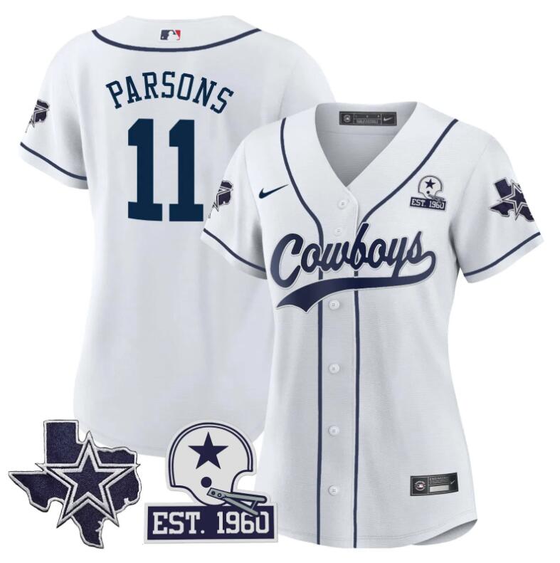 Women Dallas Cowboys 11 Parsons Texas Patch Baseball 2024 NFL Nike white jerseys